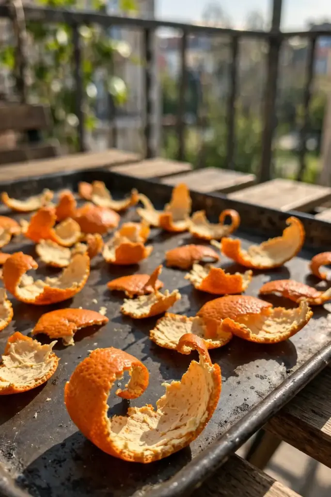 Tangerine peel pieces spread on a tray drying in bright sunlight