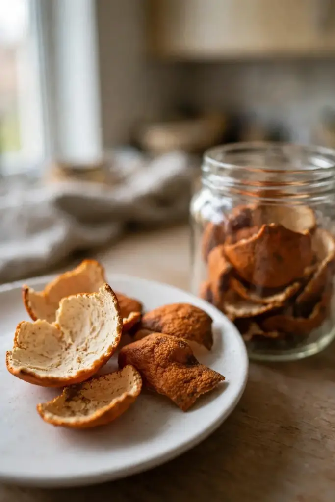 Open jar of dried peel beside a white plate of pieces being inspected
