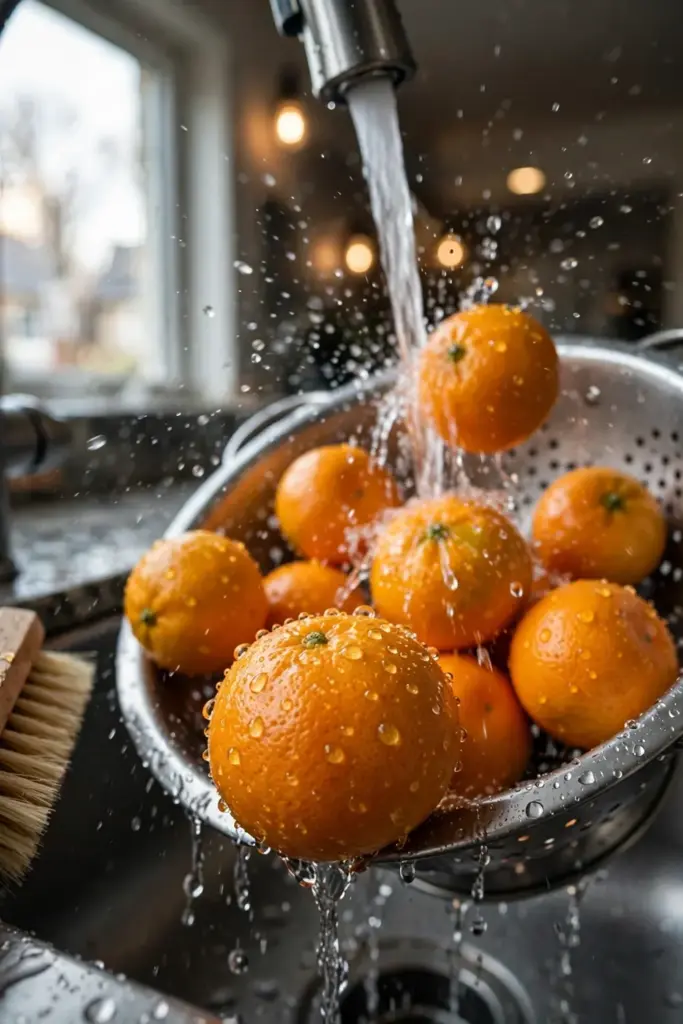 Tangerines rinsed under running tap water in a metal colander with a vegetable brush nearby