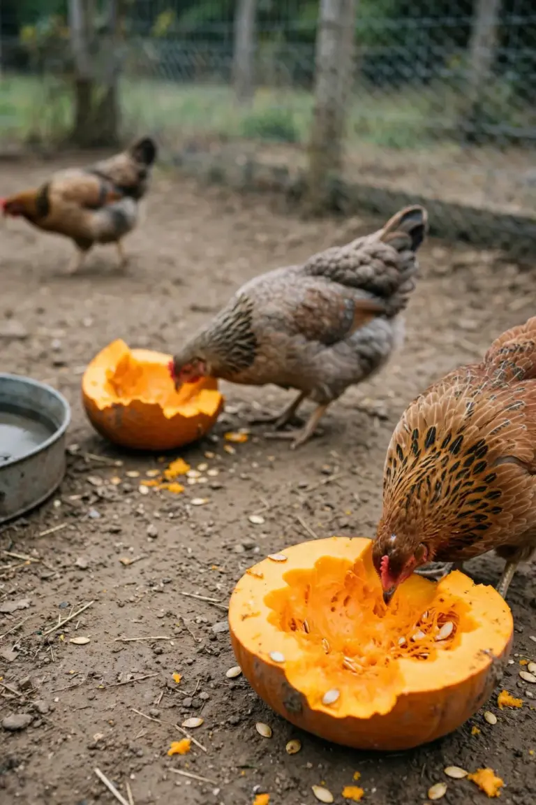 Backyard chickens pecking at halved unpainted pumpkins set cut side up in the run