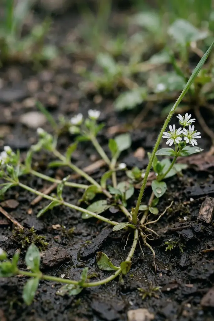 Chickweed stems with tiny white star flowers sprawling over damp soil