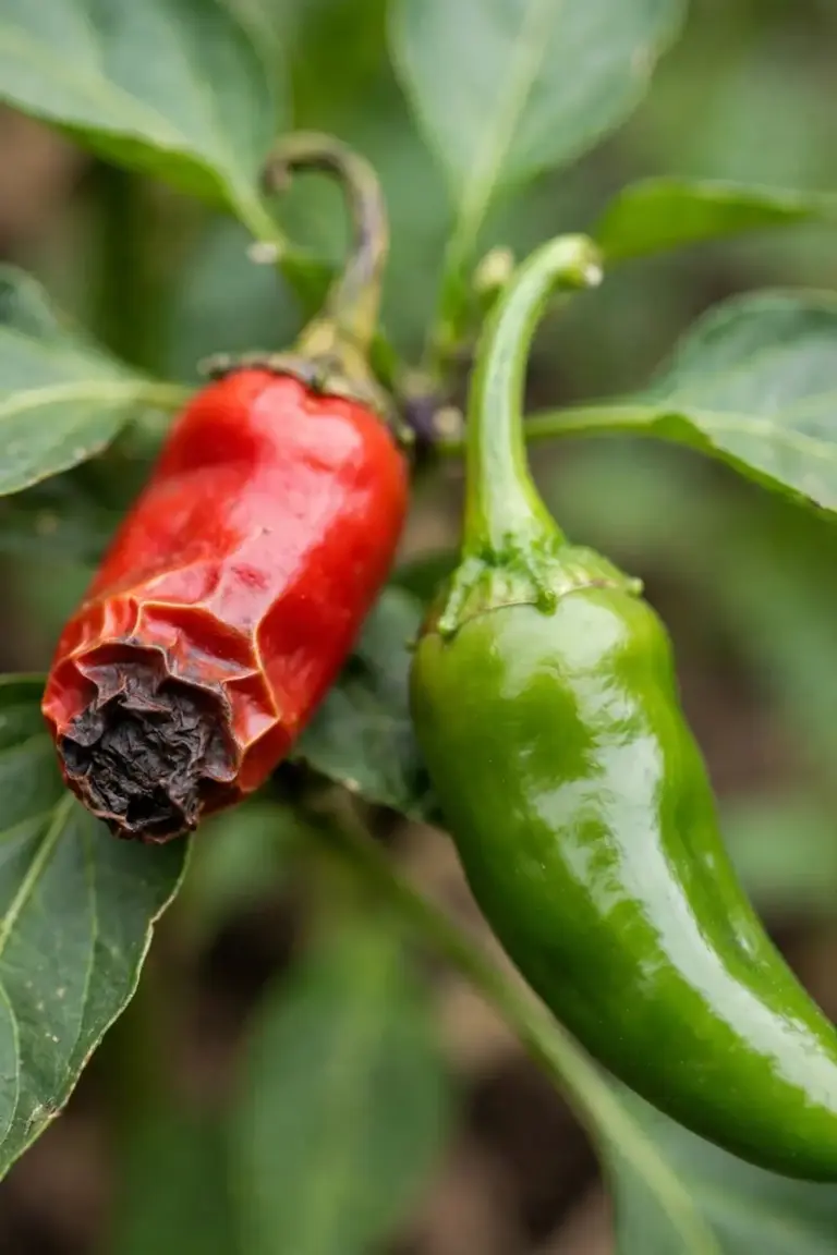 Chilli fruit with blossom-end rot beside a healthy fruit