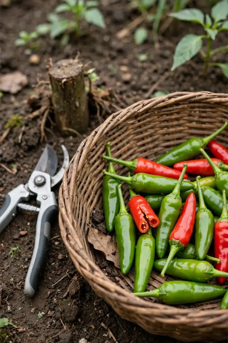 Basket of freshly cut chillies in green and red beside the plant
