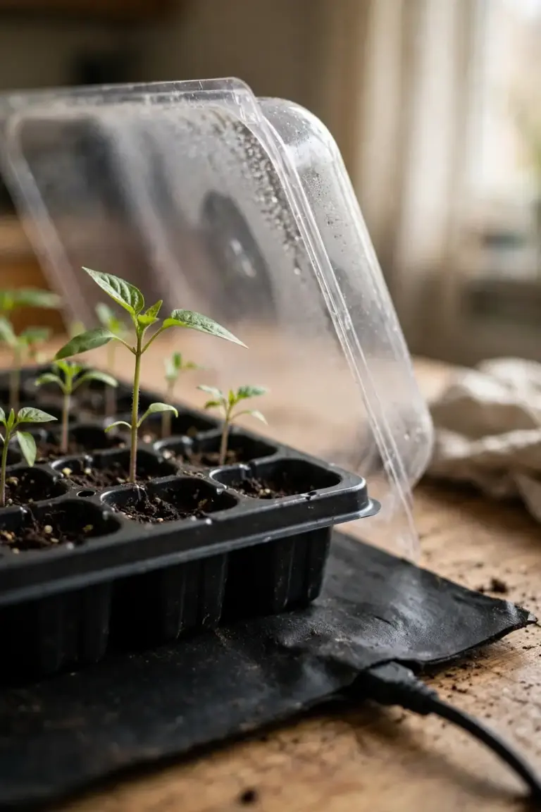Chilli seed tray with seedlings on a heat mat