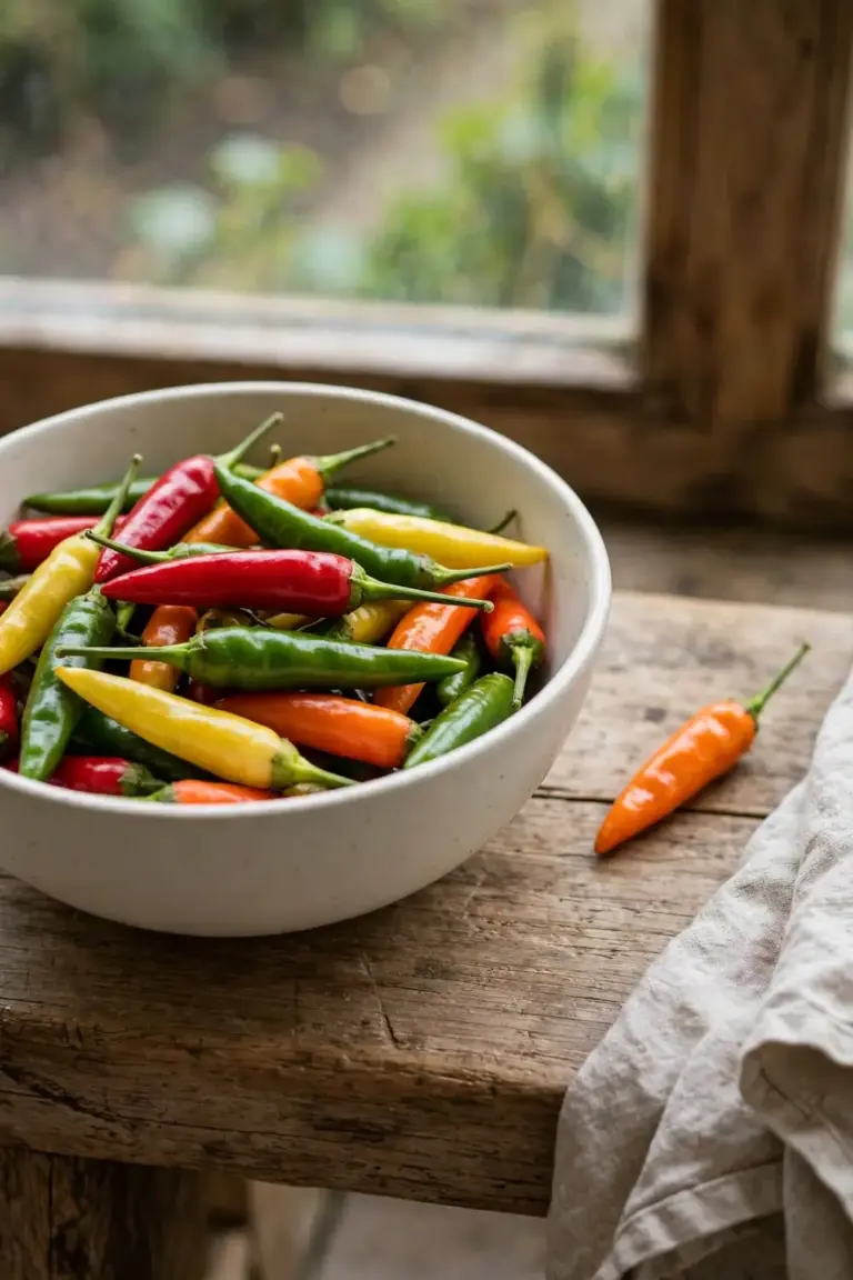 Mixed red, green, yellow, and orange chillies in a bowl