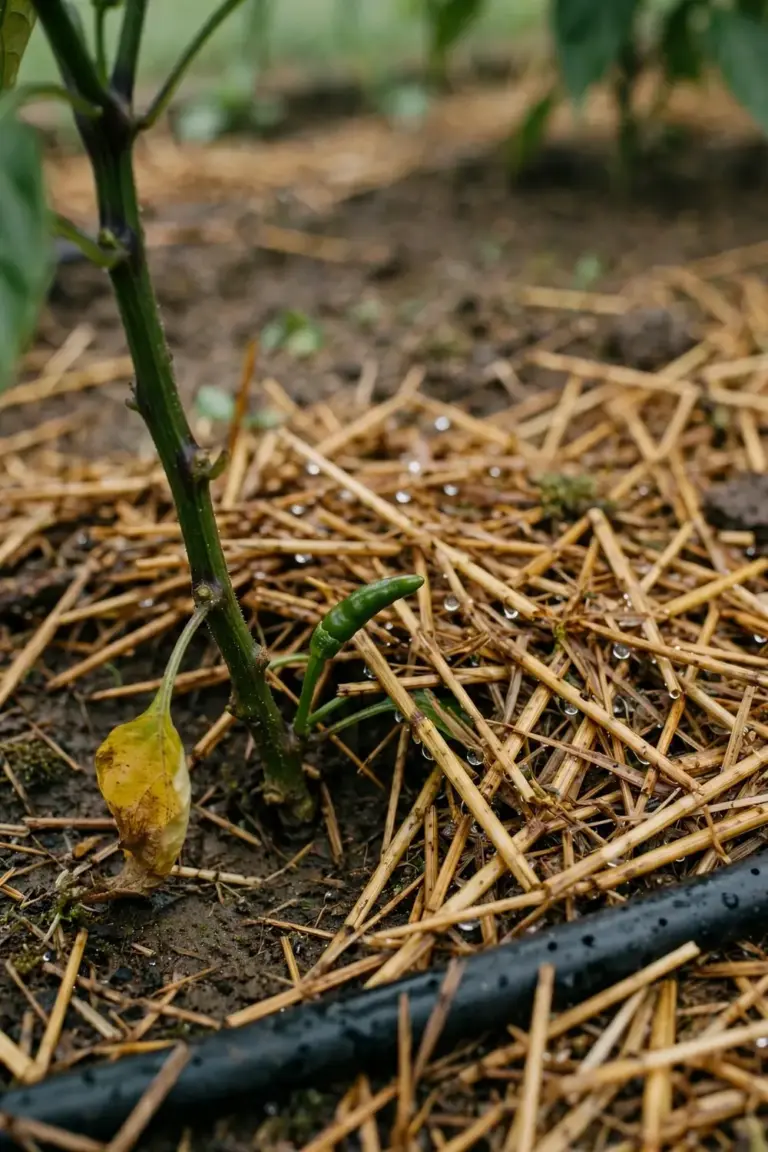 Straw mulch around the base of a chilli plant on damp soil
