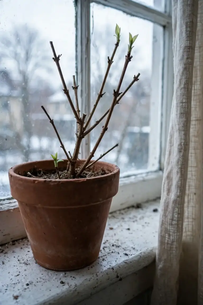 Pruned potted chilli with bare stems on a bright windowsill