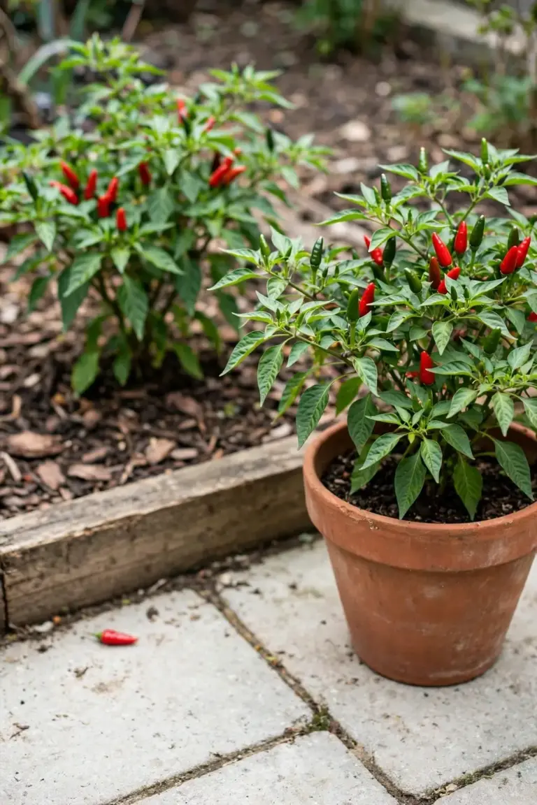 Potted chilli beside a garden-bed chilli on a patio