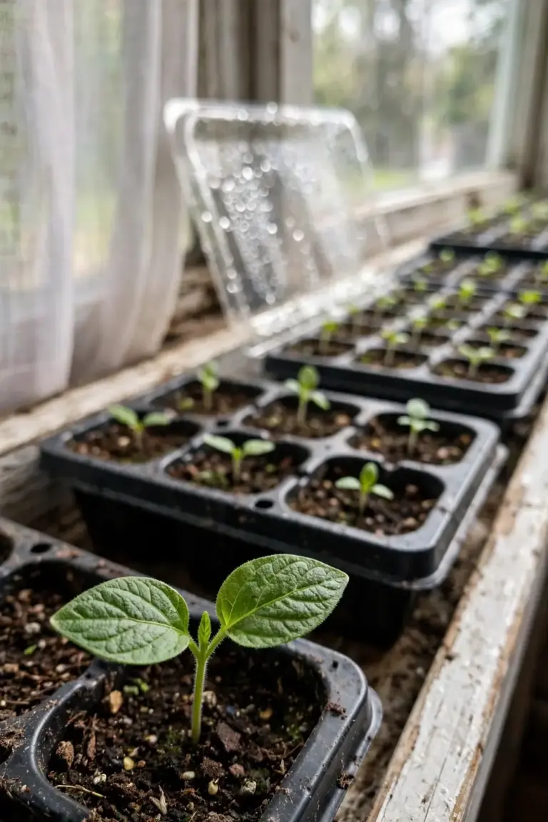 Chilli seed trays with seedlings on a sunny windowsill