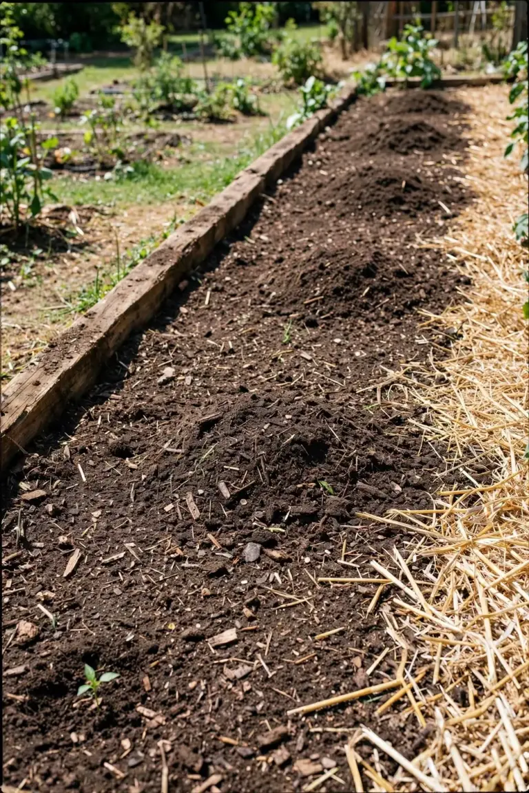 Sunny garden bed with compost-rich soil ready for chillies