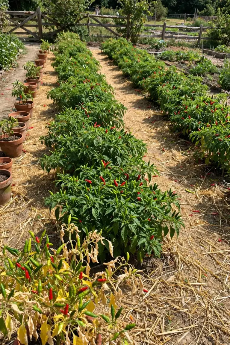 Sunny chilli patch with pots and beds full of fruiting plants