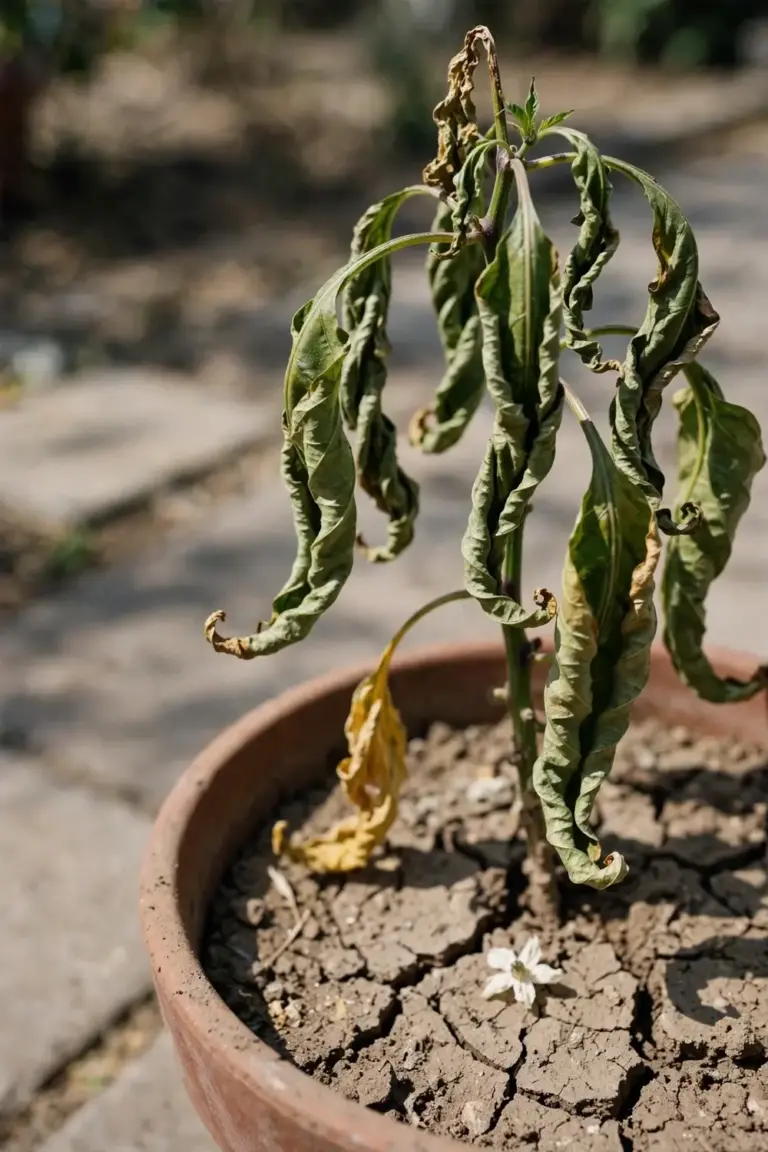 Struggling chilli plant with curling leaves and a dropped flower