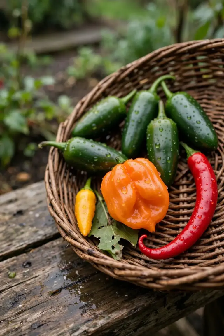 Assorted chillies by heat in a woven basket
