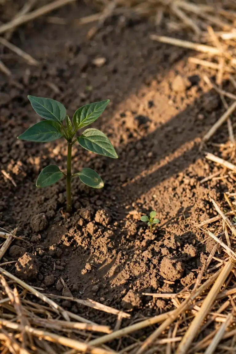 Young chilli seedling in sun-warmed garden soil