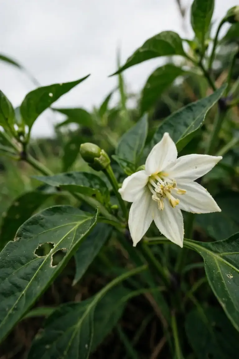 White chilli flower with pollen and a swelling fruit behind it