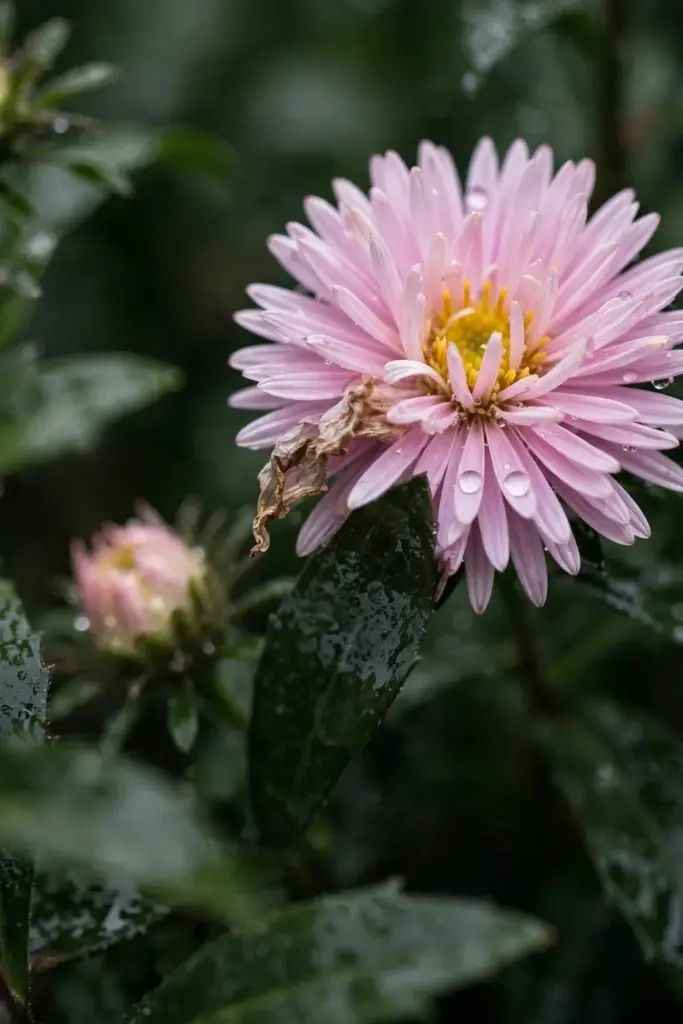 Pink China aster bloom with layered needle-like petals