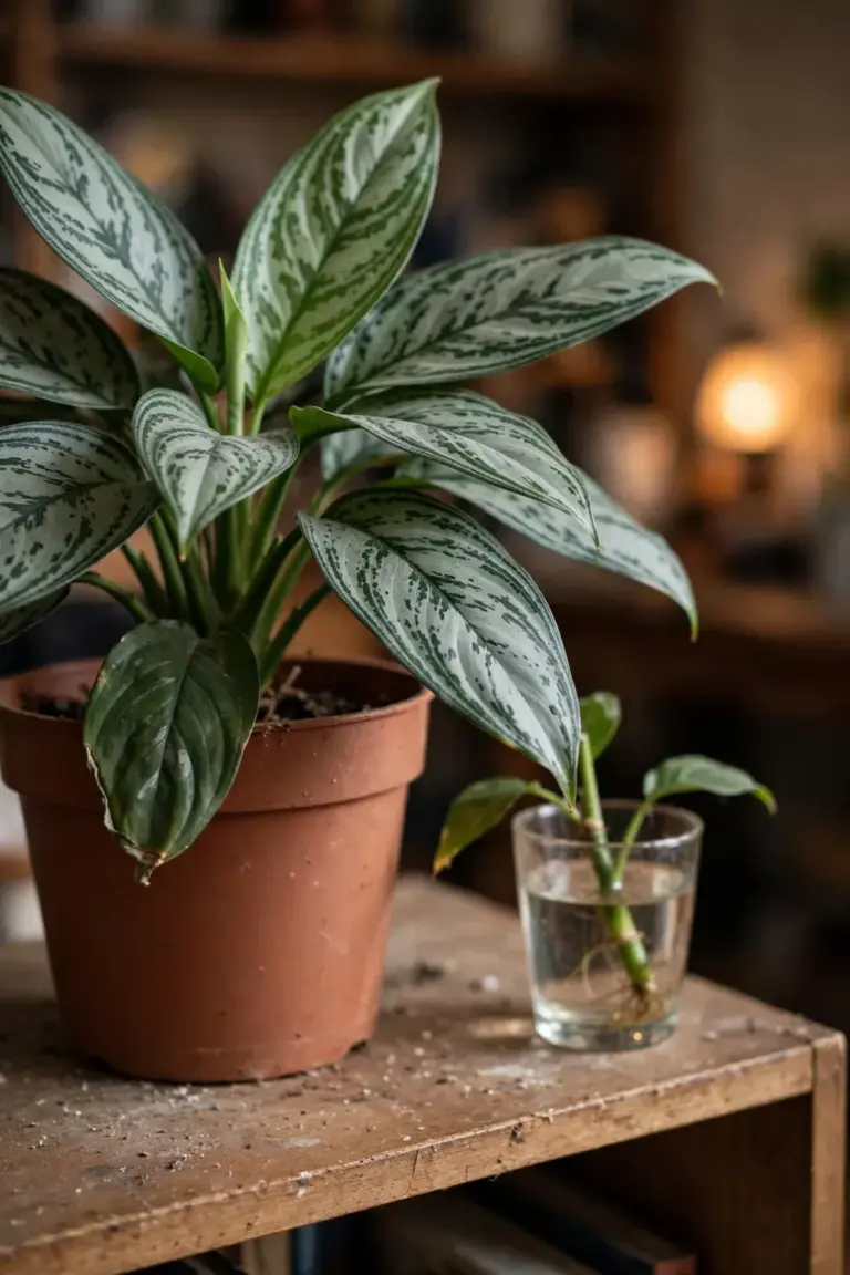 Chinese evergreen with silver-patterned leaves beside a fresh stem cutting in water