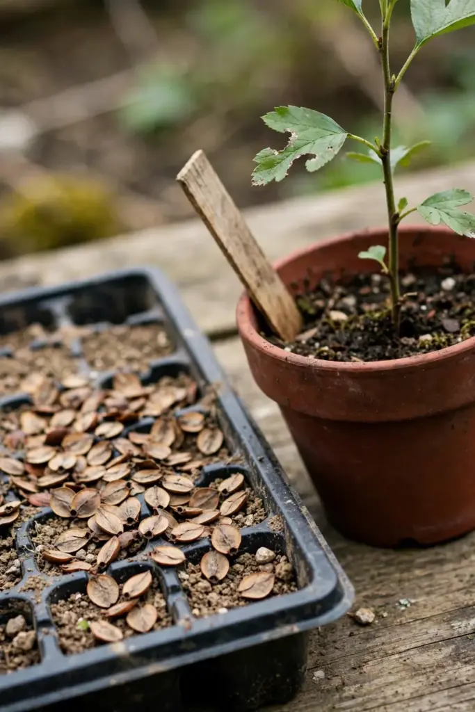 a shallow seed tray with failed flat hawthorn seeds next to a deep pot with one healthy seedling, showing the wrong and