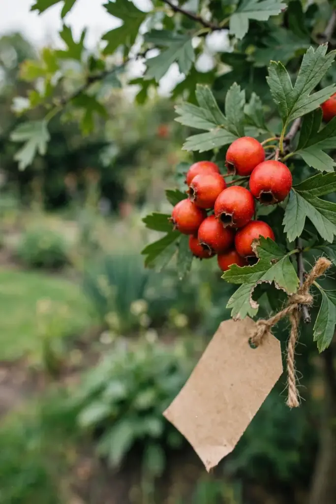 a cluster of ripe red shan zha berries on the branch with a small paper tag tied to a twig, deeply lobed leaves around,