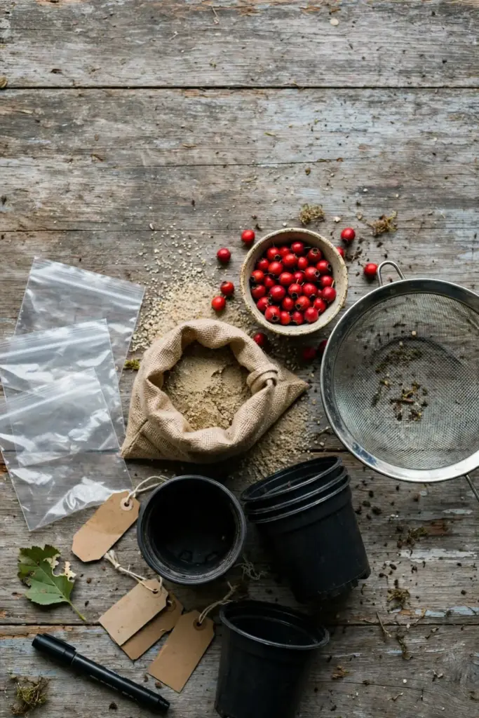 a flat-lay of hawthorn seed-starting tools on a weathered wooden table: sieve, bowl of red berries, bag of coarse sand,