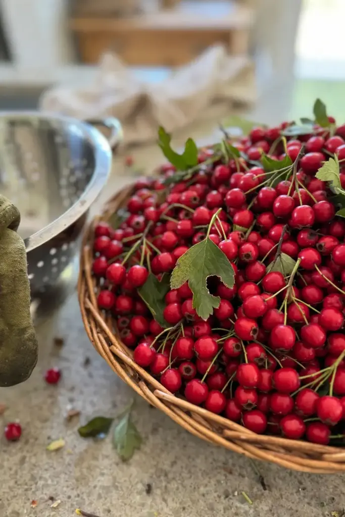 Basket of freshly picked red shan zha hawthorn berries