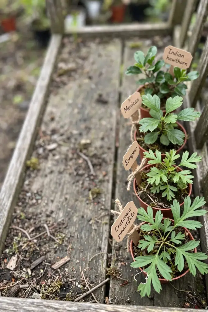 a nursery bench holding four small potted hawthorn seedlings with plant tags, the leftmost tagged Crataegus pinnatifida