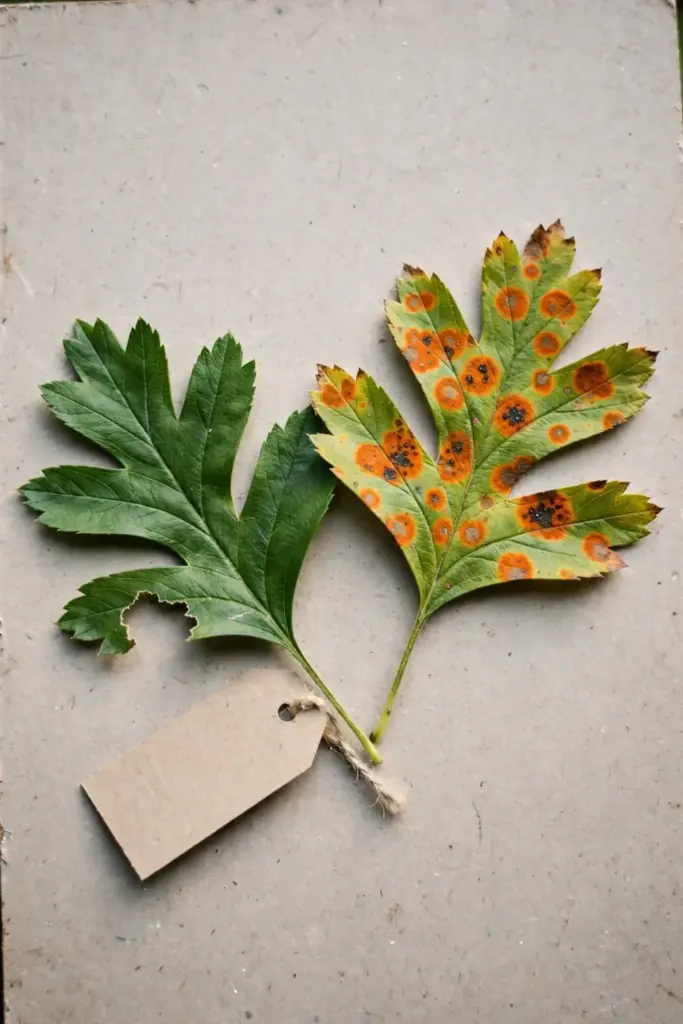 a hawthorn leaf with orange cedar-hawthorn rust spots beside a healthy deeply lobed green leaf, both held against a plai