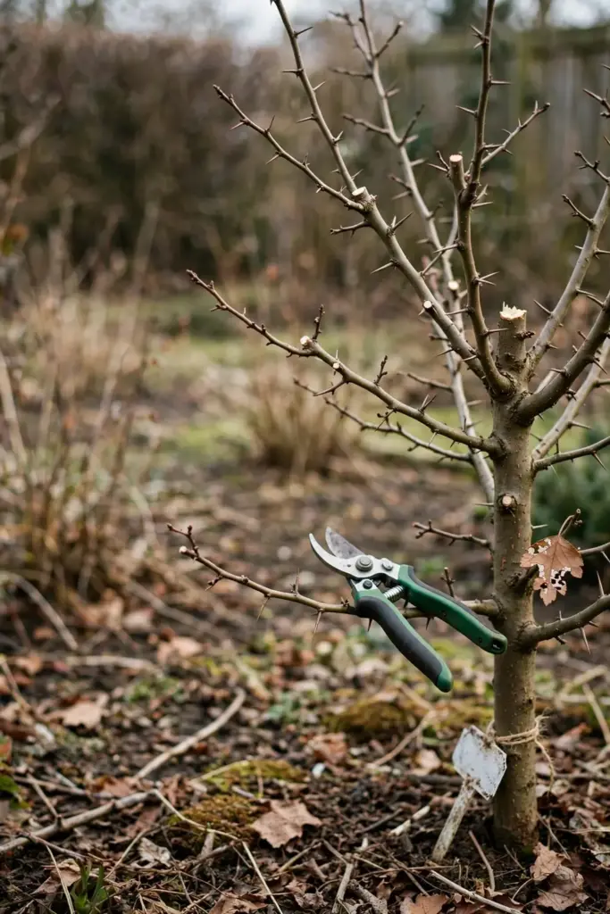 a dormant young hawthorn tree in late winter showing a clean open center after pruning, fresh cut branch stubs, bypass p