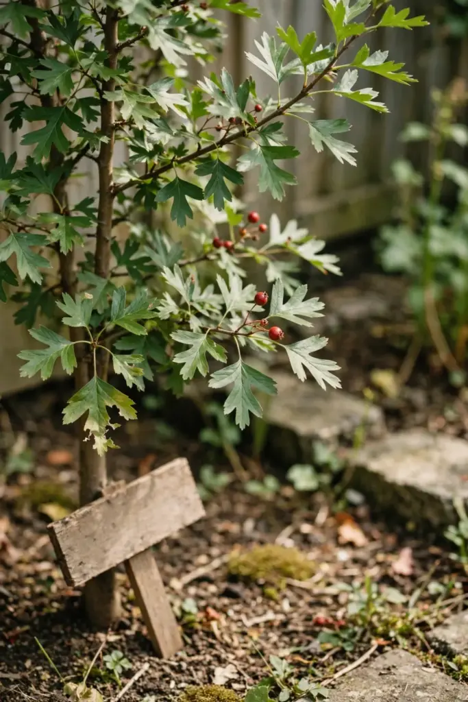 a young Chinese hawthorn tree in a sunny garden corner with a simple wooden sign leaning at its base, deeply lobed leave