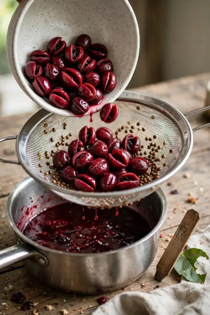 a kitchen bowl of cooked shan zha berries being poured through a fine sieve, hard brown seeds caught in the mesh above a