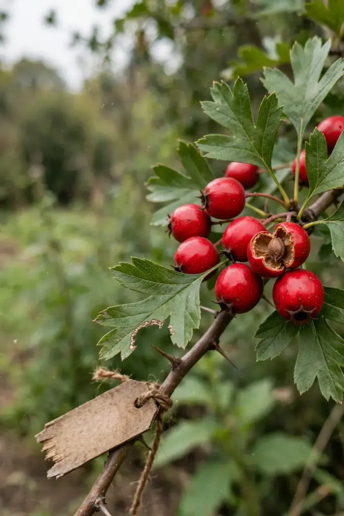 ripe glossy red shan zha berries clustered on a thorny hawthorn branch with deeply lobed green leaves, one berry split o