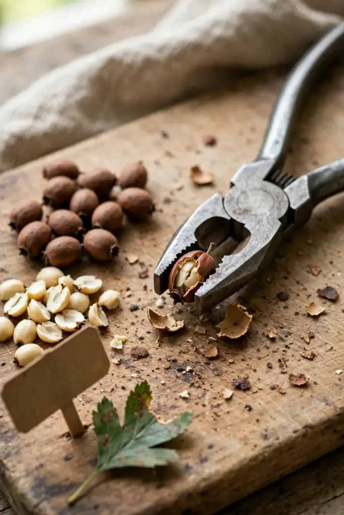 a pair of pliers cracking open a hard brown hawthorn seed on a cutting board, with sorted piles of whole seeds and a few