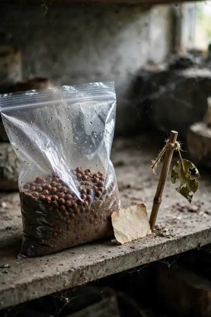 a sealed plastic bag of moist sand mixed with brown hawthorn seeds resting on a cool basement shelf beside a dated paper