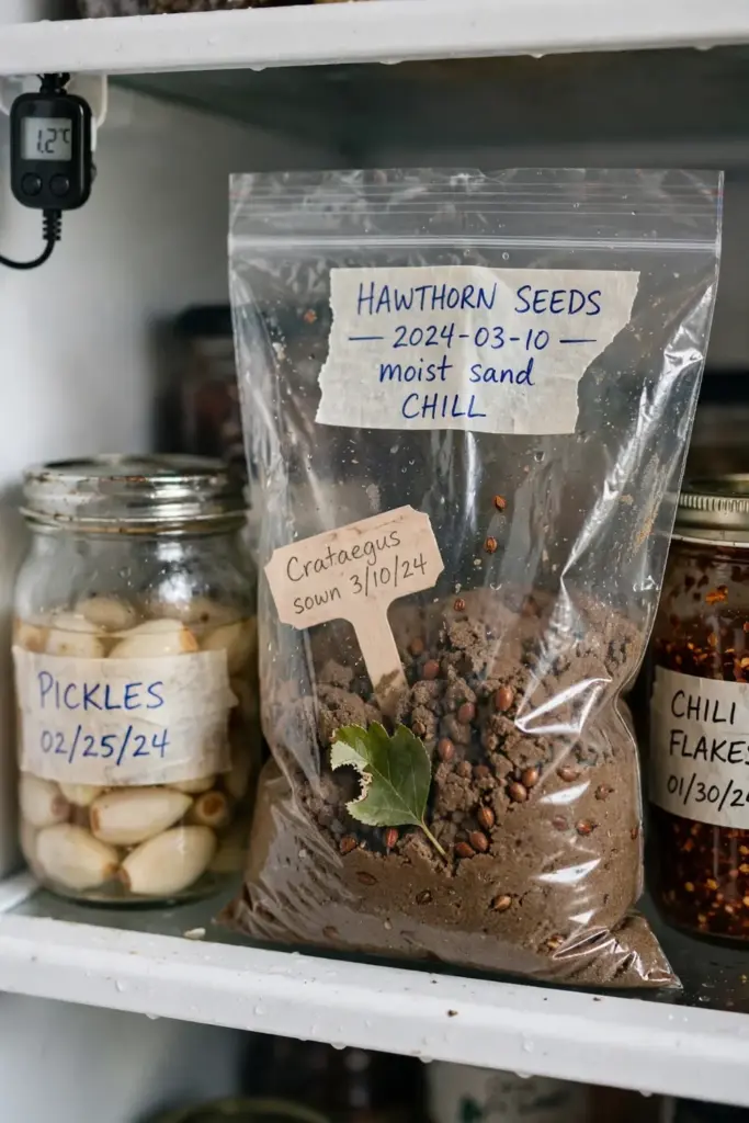 a sealed bag of hawthorn seeds in moist sand sitting on a refrigerator shelf between jars, a small fridge thermometer sh