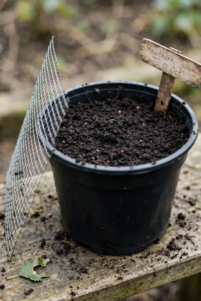 freshly sown hawthorn seeds barely covered in dark soil in a deep black nursery pot, a handwritten wooden plant label st