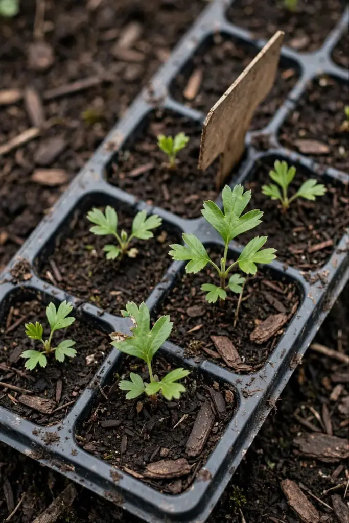 tiny hawthorn seedlings with first true lobed leaves emerging from dark soil in a seed tray, one seedling clearly strong