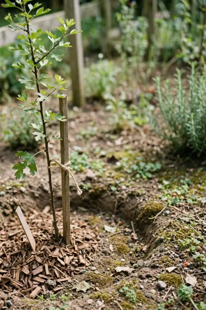 a young hawthorn sapling newly planted in a sunny garden bed, wide shallow planting hole backfilled, a single wooden sta