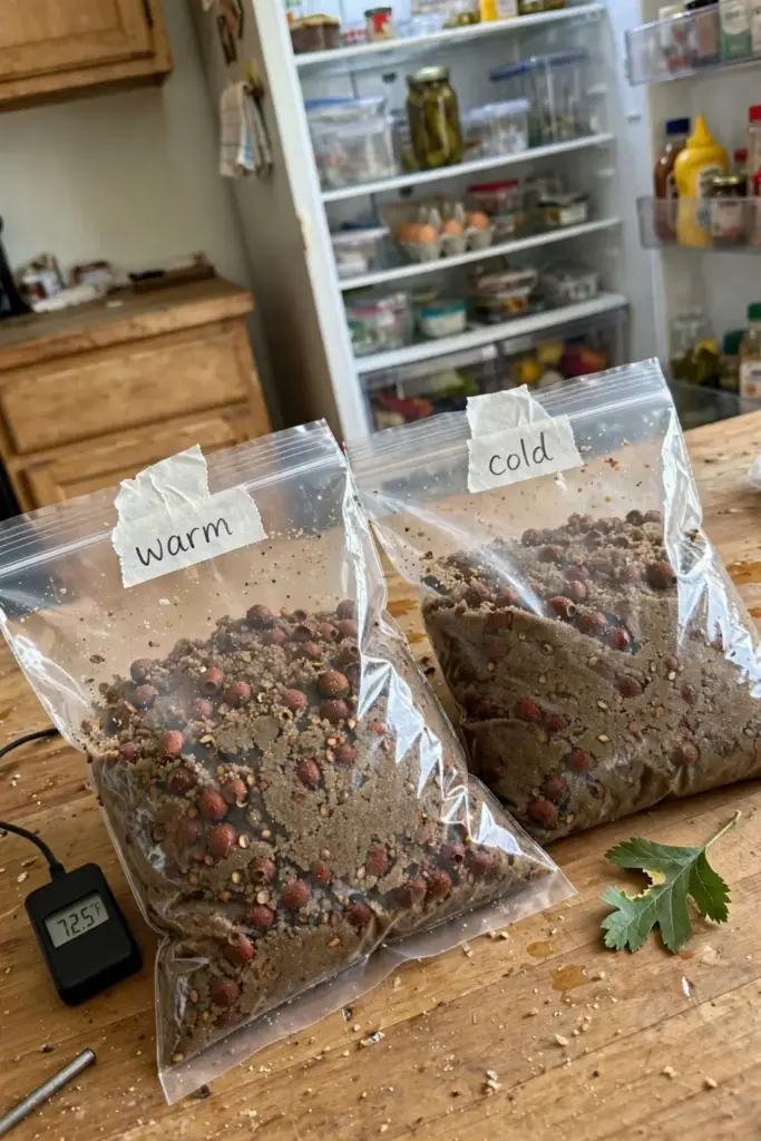 two sealed labeled plastic bags of moist sand mixed with hawthorn seeds side by side on a kitchen counter, one marked wa