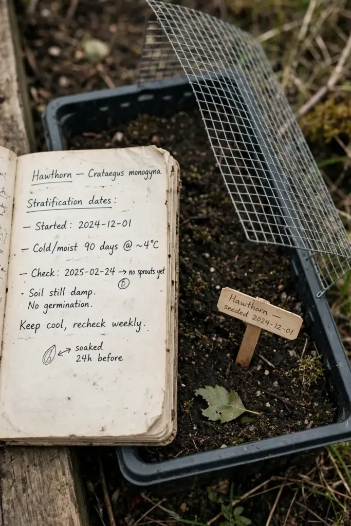 a garden notebook with handwritten stratification dates beside an unsprouted hawthorn seedbed with a dated label, wire m