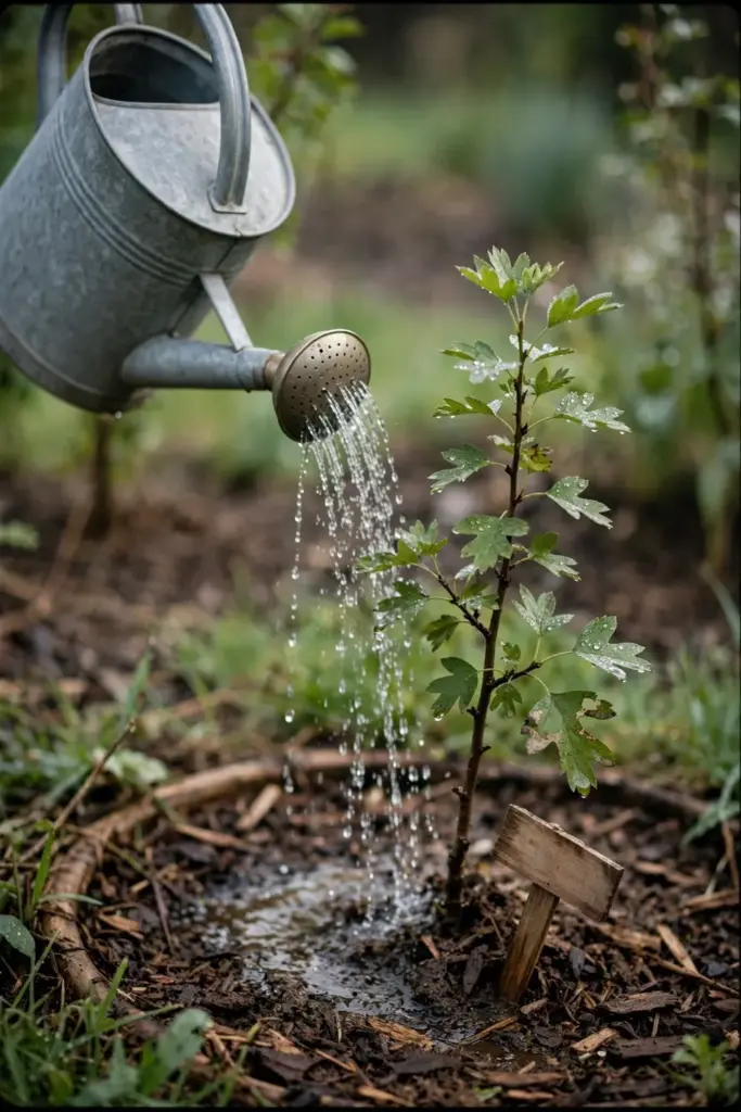 a watering can with a fine rose pouring water at the base of a young hawthorn tree, damp soil and mulch ring, early morn