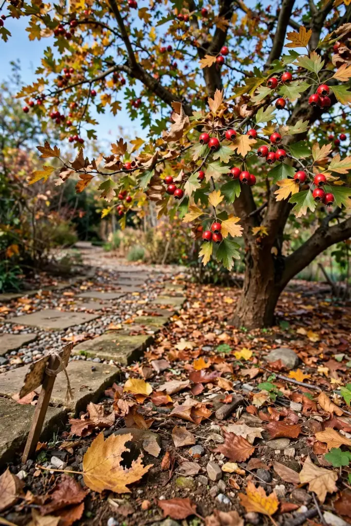 a mature Chinese hawthorn tree in autumn with red berries against a blue sky, a garden path leading toward it, fallen le