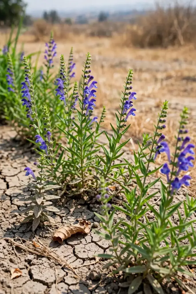 Established Chinese skullcap bed in dry summer sun with cracked soil surface