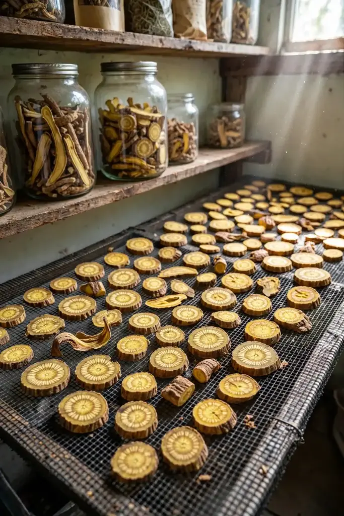 Sliced skullcap root pieces drying on a mesh rack with storage jars behind