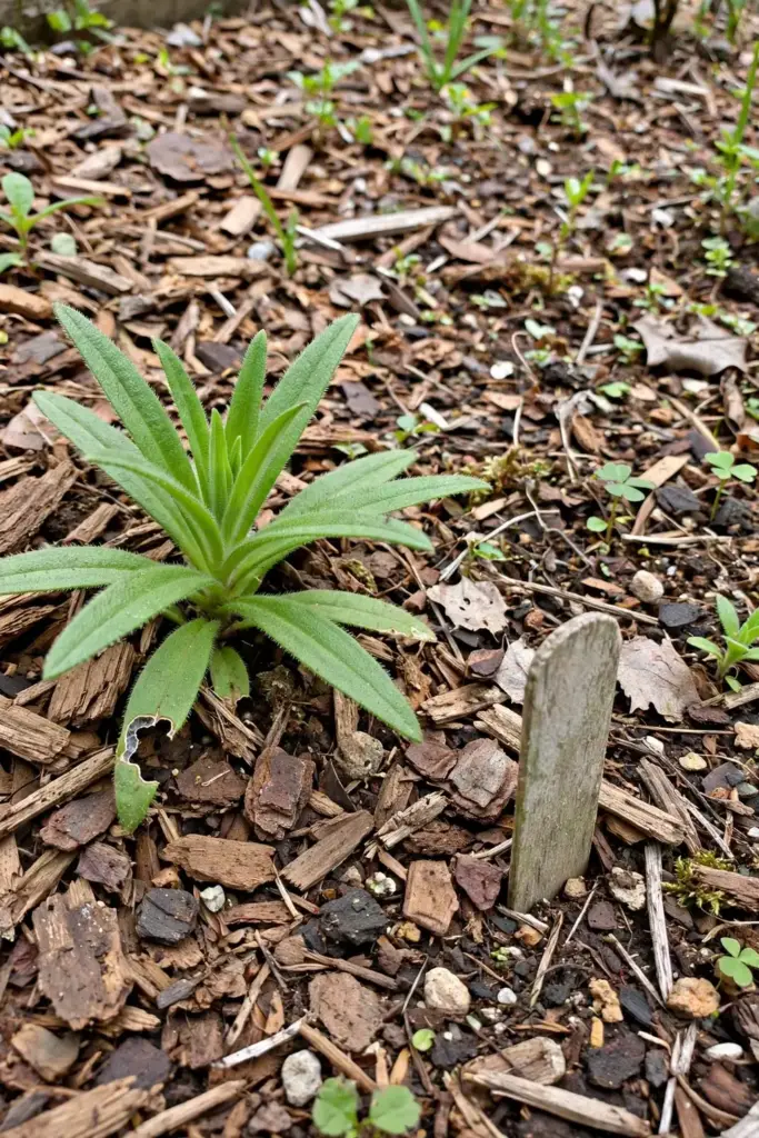 Small first-year Chinese skullcap rosette in a mulched herb bed