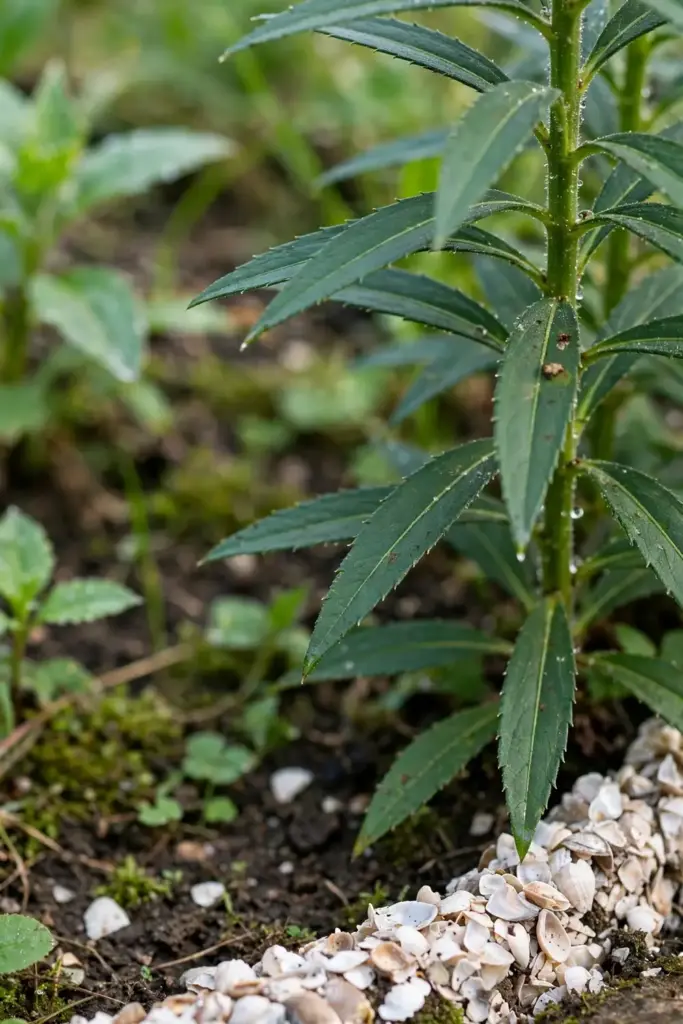 Close inspection of healthy Chinese skullcap foliage on a square stem