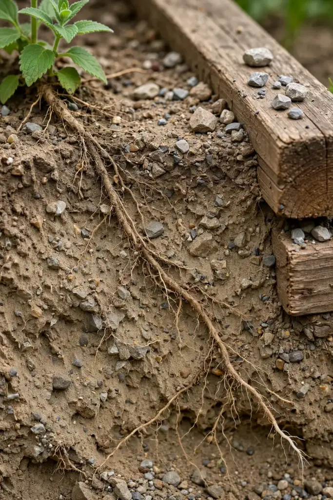 Cross-section of sandy lean soil in a raised bed with a skullcap crown and roots