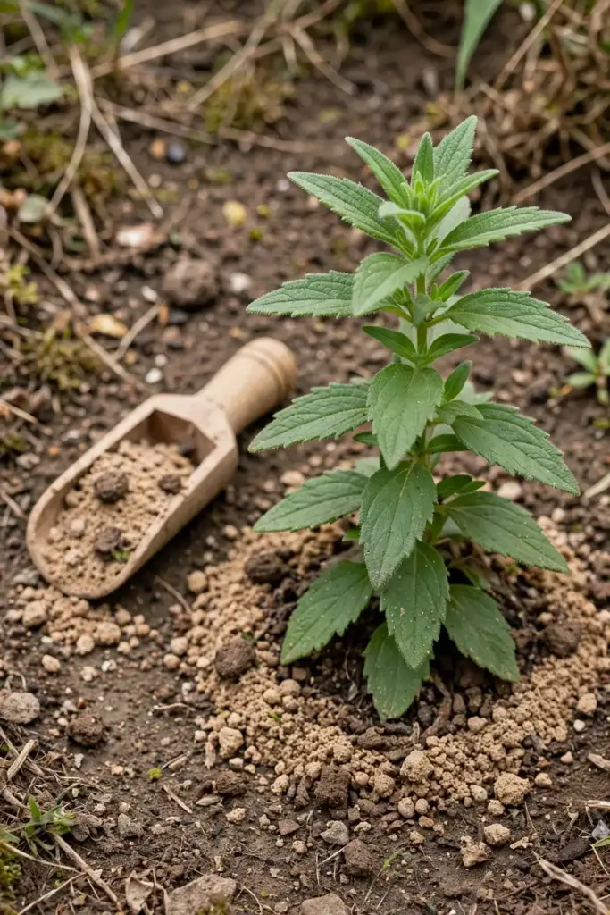 Thin ring of light compost top-dressing around a Chinese skullcap plant