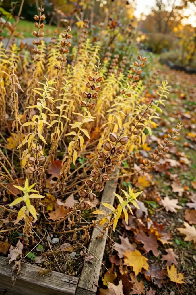 Mature Chinese skullcap bed in autumn with foliage dying back naturally