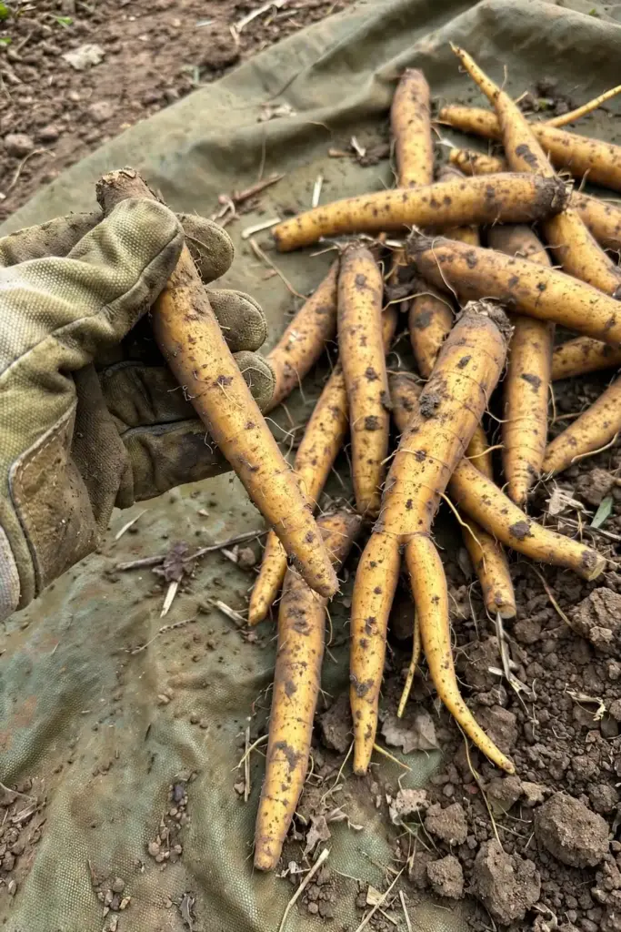 Freshly dug Chinese skullcap roots on a tarp, held by a worn garden mitt