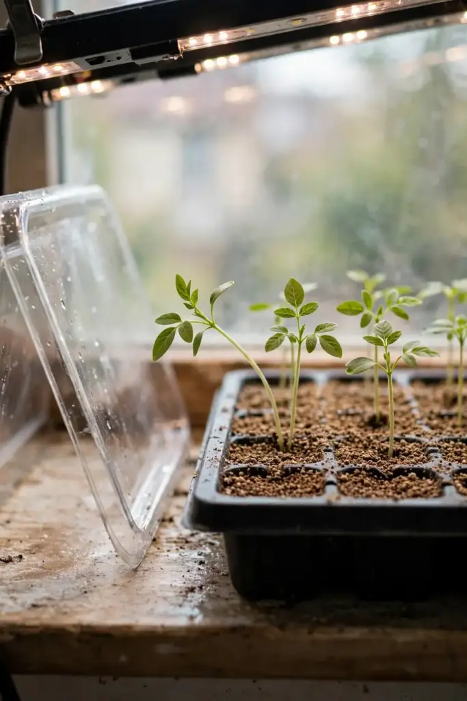 Tray of young Chinese skullcap seedlings with true leaves under a grow light